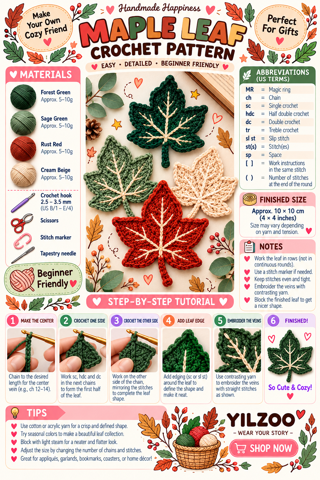 Autumn Leaf Crochet Pattern | Fall Leaves Crochet PDF - Yilzoo